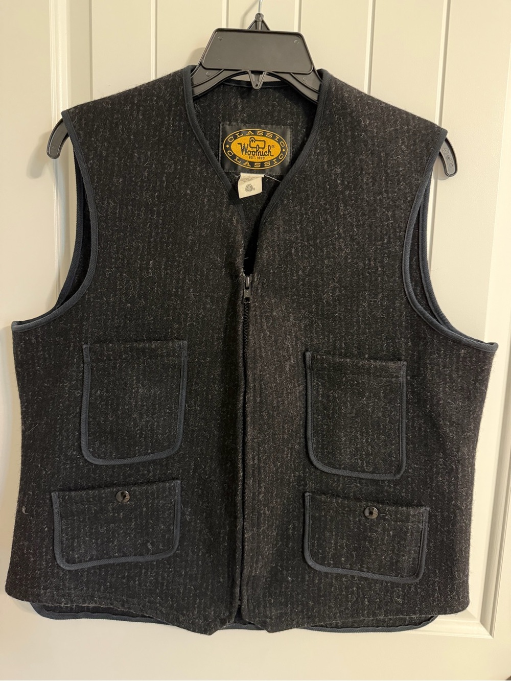 Vintage 1980s Woolrich Classic charcoal wool utility vest.